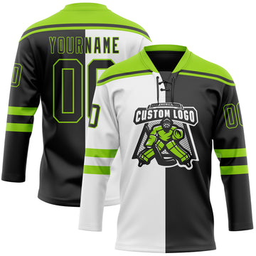 Custom Black Neon Green-White Split Fashion Hockey Lace Neck Jersey