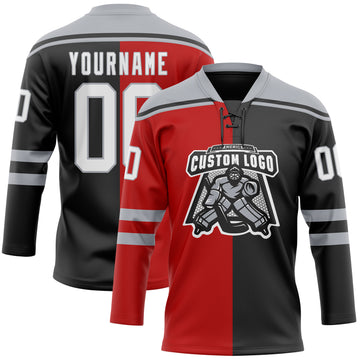 Custom Black White Red-Gray Split Fashion Hockey Lace Neck Jersey