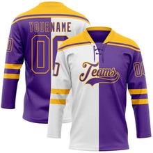 Laden Sie das Bild in den Galerie-Viewer, Custom Purple Gold-White Split Fashion Hockey Lace Neck Jersey
