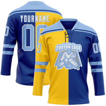 Загрузить изображение в средство просмотра галереи, Custom Royal Light Blue Yellow-White Split Fashion Hockey Lace Neck Jersey
