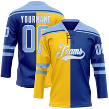 Загрузить изображение в средство просмотра галереи, Custom Royal Light Blue Yellow-White Split Fashion Hockey Lace Neck Jersey
