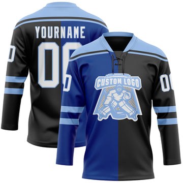 Custom Black White Royal-Light Blue Split Fashion Hockey Lace Neck Jersey