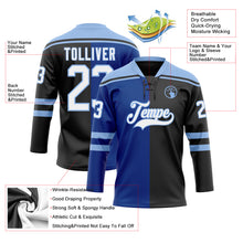 Load image into Gallery viewer, Custom Black White Royal-Light Blue Split Fashion Hockey Lace Neck Jersey
