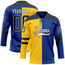 Загрузить изображение в средство просмотра галереи, Custom Royal Black Yellow-White Split Fashion Hockey Lace Neck Jersey
