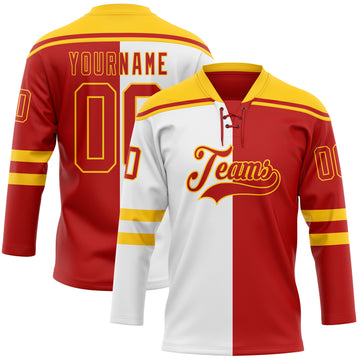 Custom Red Gold-White Split Fashion Hockey Lace Neck Jersey