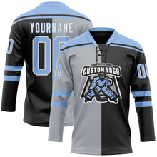 Laden Sie das Bild in den Galerie-Viewer, Custom Black Light Blue Gray-White Split Fashion Hockey Lace Neck Jersey

