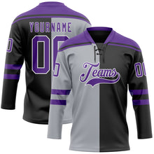 Laden Sie das Bild in den Galerie-Viewer, Custom Black Purple Gray-White Split Fashion Hockey Lace Neck Jersey

