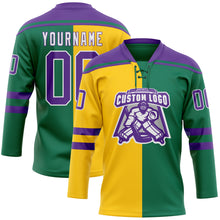 Load image into Gallery viewer, Custom Kelly Green Purple Yellow-White Split Fashion Hockey Lace Neck Jersey

