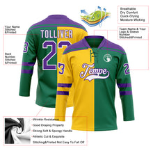 Load image into Gallery viewer, Custom Kelly Green Purple Yellow-White Split Fashion Hockey Lace Neck Jersey
