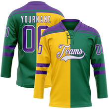 Load image into Gallery viewer, Custom Kelly Green Purple Yellow-White Split Fashion Hockey Lace Neck Jersey
