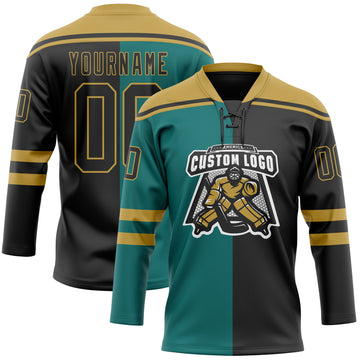 Custom Black Teal-Old Gold Split Fashion Hockey Lace Neck Jersey