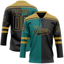 Load image into Gallery viewer, Custom Black Teal-Old Gold Split Fashion Hockey Lace Neck Jersey
