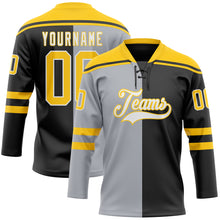Charger l'image dans la galerie, Custom Black Yellow Gray-White Split Fashion Hockey Lace Neck Jersey
