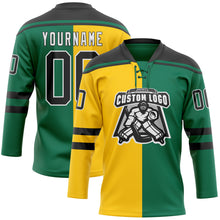 Загрузить изображение в средство просмотра галереи, Custom Kelly Green Black Yellow-White Split Fashion Hockey Lace Neck Jersey
