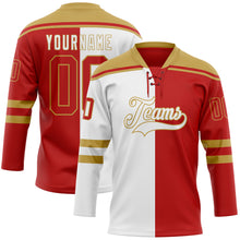 Загрузить изображение в средство просмотра галереи, Custom Red Old Gold-White Split Fashion Hockey Lace Neck Jersey
