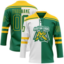 Load image into Gallery viewer, Custom Kelly Green Gold-White Split Fashion Hockey Lace Neck Jersey
