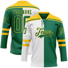 Load image into Gallery viewer, Custom Kelly Green Gold-White Split Fashion Hockey Lace Neck Jersey
