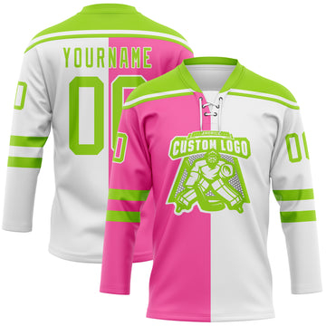 Custom White Neon Green-Pink Split Fashion Hockey Lace Neck Jersey