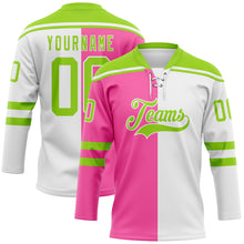 Charger l'image dans la galerie, Custom White Neon Green-Pink Split Fashion Hockey Lace Neck Jersey
