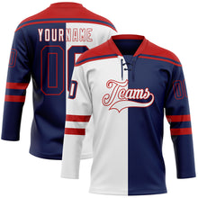 Charger l'image dans la galerie, Custom Navy Red-White Split Fashion Hockey Lace Neck Jersey
