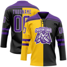 Laden Sie das Bild in den Galerie-Viewer, Custom Black Purple Yellow-White Split Fashion Hockey Lace Neck Jersey
