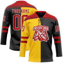 Load image into Gallery viewer, Custom Black Red Yellow-White Split Fashion Hockey Lace Neck Jersey
