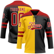 Load image into Gallery viewer, Custom Black Red Yellow-White Split Fashion Hockey Lace Neck Jersey
