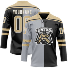 Load image into Gallery viewer, Custom Black Vegas Gold Gray-White Split Fashion Hockey Lace Neck Jersey

