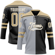Load image into Gallery viewer, Custom Black Vegas Gold Gray-White Split Fashion Hockey Lace Neck Jersey

