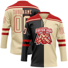 Laden Sie das Bild in den Galerie-Viewer, Custom Cream Black-Red Split Fashion Hockey Lace Neck Jersey
