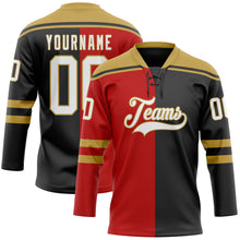 Load image into Gallery viewer, Custom Black White Red-Old Gold Split Fashion Hockey Lace Neck Jersey
