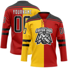 Charger l'image dans la galerie, Custom Red Black Yellow-White Split Fashion Hockey Lace Neck Jersey
