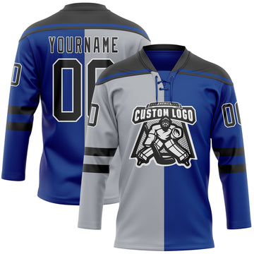 Custom Royal Black Gray-White Split Fashion Hockey Lace Neck Jersey