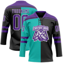 Laden Sie das Bild in den Galerie-Viewer, Custom Black Purple Aqua-White Split Fashion Hockey Lace Neck Jersey
