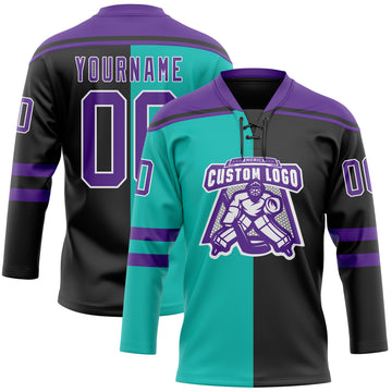 Custom Black Purple Aqua-White Split Fashion Hockey Lace Neck Jersey