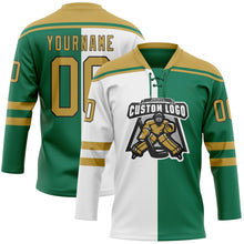 Load image into Gallery viewer, Custom Kelly Green Old Gold Black-White Split Fashion Hockey Lace Neck Jersey
