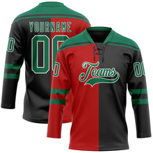 Charger l'image dans la galerie, Custom Black Kelly Green Red-White Split Fashion Hockey Lace Neck Jersey
