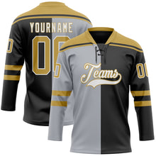 Charger l'image dans la galerie, Custom Black Old Gold Gray-White Split Fashion Hockey Lace Neck Jersey
