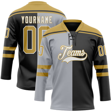Custom Black Old Gold Gray-White Split Fashion Hockey Lace Neck Jersey