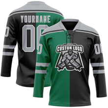 Load image into Gallery viewer, Custom Black Gray Kelly Green-White Split Fashion Hockey Lace Neck Jersey
