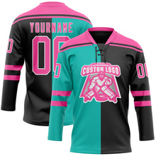 Charger l'image dans la galerie, Custom Black Pink Aqua-White Split Fashion Hockey Lace Neck Jersey
