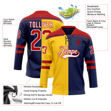 Charger l'image dans la galerie, Custom Navy Red Yellow-White Split Fashion Hockey Lace Neck Jersey
