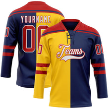 Charger l'image dans la galerie, Custom Navy Red Yellow-White Split Fashion Hockey Lace Neck Jersey
