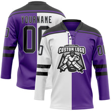Laden Sie das Bild in den Galerie-Viewer, Custom Purple Black Gray-White Split Fashion Hockey Lace Neck Jersey
