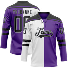 Laden Sie das Bild in den Galerie-Viewer, Custom Purple Black Gray-White Split Fashion Hockey Lace Neck Jersey
