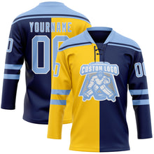 Charger l'image dans la galerie, Custom Navy Light Blue Yellow-White Split Fashion Hockey Lace Neck Jersey
