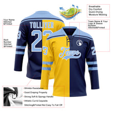 Charger l'image dans la galerie, Custom Navy Light Blue Yellow-White Split Fashion Hockey Lace Neck Jersey
