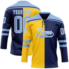 Charger l'image dans la galerie, Custom Navy Light Blue Yellow-White Split Fashion Hockey Lace Neck Jersey
