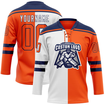 Custom Orange White-Navy Split Fashion Hockey Lace Neck Jersey