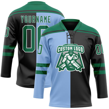 Custom Black Kelly Green Light Blue-White Red-Royal Split Fashion Hockey Lace Neck Jersey